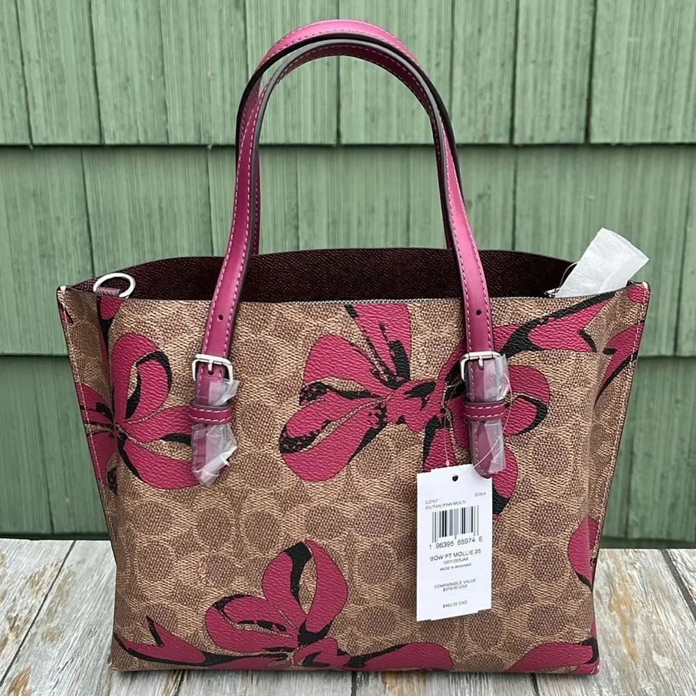 Coach Mollie Tote Bag 25 In Signature Canvas With Bow Print Purse - Picture 5 of 9